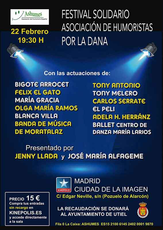 Cartel promocional del Festival Solidario de Humoristas por la DANA, con un escenario iluminado por focos y un micrófono en el centro. Se muestran los detalles del evento: fecha, hora y ubicación en Kinépolis Madrid.